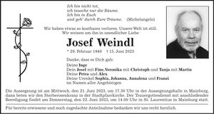 Traueranzeige Josef Weindl