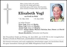 Traueranzeige Elisabeth Vogl