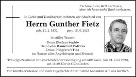 Traueranzeige Gunther Fietz