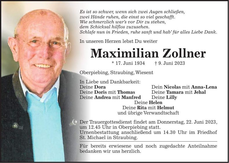 Traueranzeige Maximilian Zollner