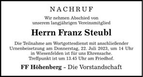 Traueranzeige Franz Steubl