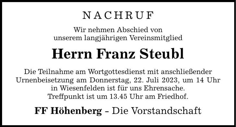 Traueranzeige Franz Steubl
