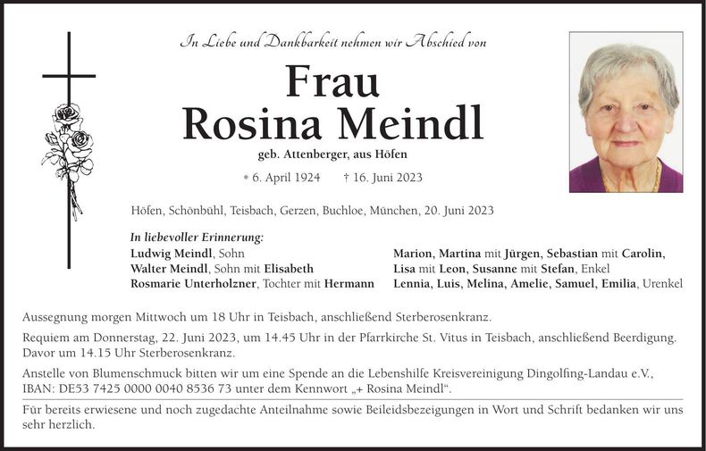 Traueranzeige Rosina Meindl