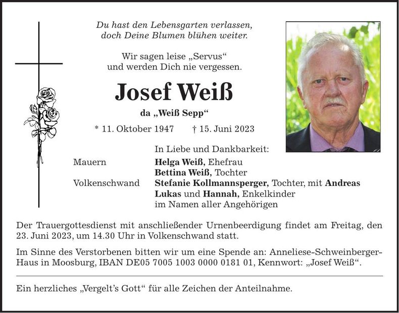 Traueranzeige Josef Weiß