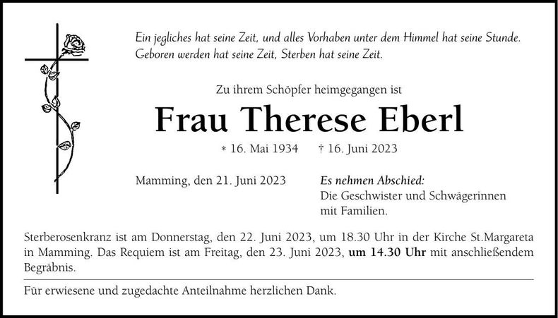 Traueranzeige Therese Eberl
