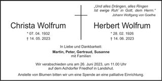 Traueranzeige Christa, Herbert Wolfrum