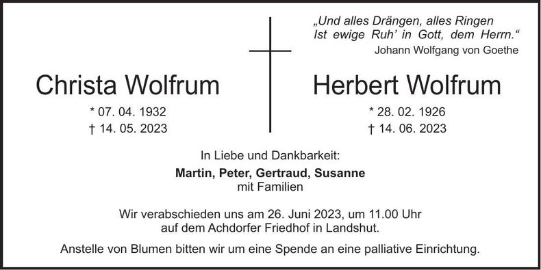 Traueranzeige Christa, Herbert Wolfrum