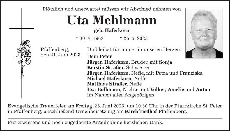 Traueranzeige Uta Mehlmann