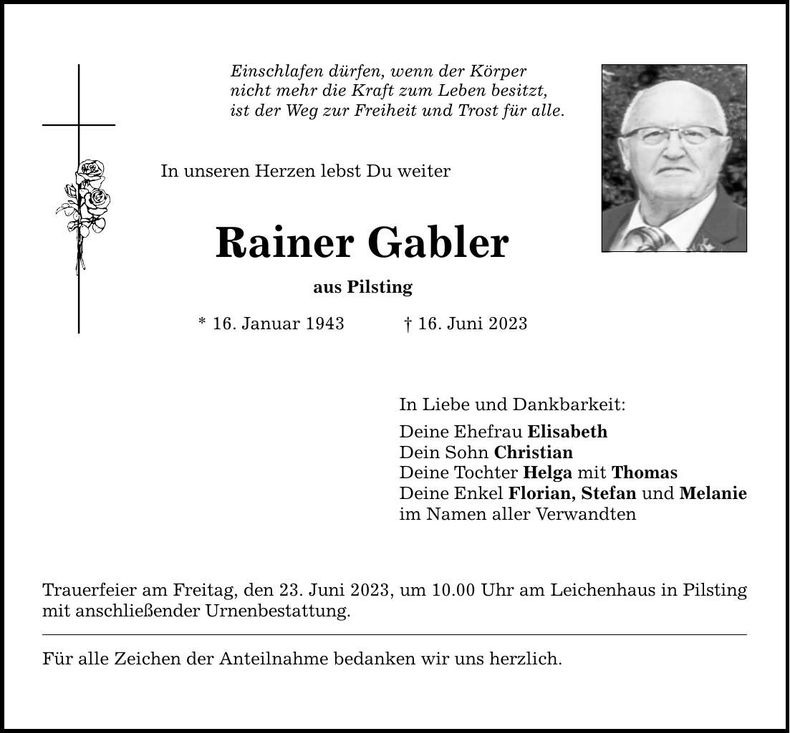 Traueranzeige Rainer Gabler