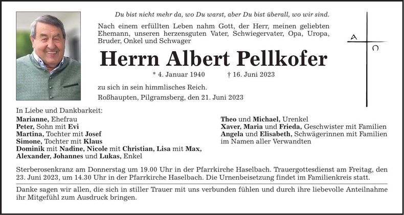 Traueranzeige Albert Pellkofer