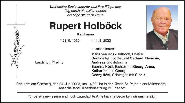 Traueranzeige Rupert Holböck