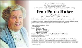 Traueranzeige Paula Huber