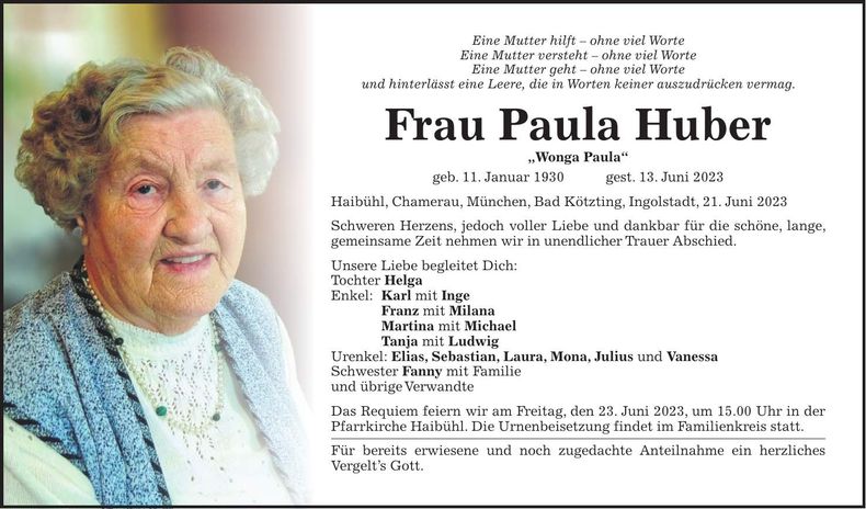 Traueranzeige Paula Huber