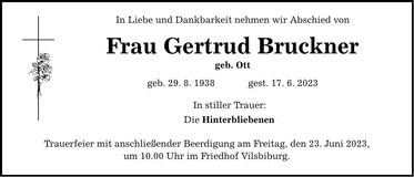 Traueranzeige Gertrud Bruckner