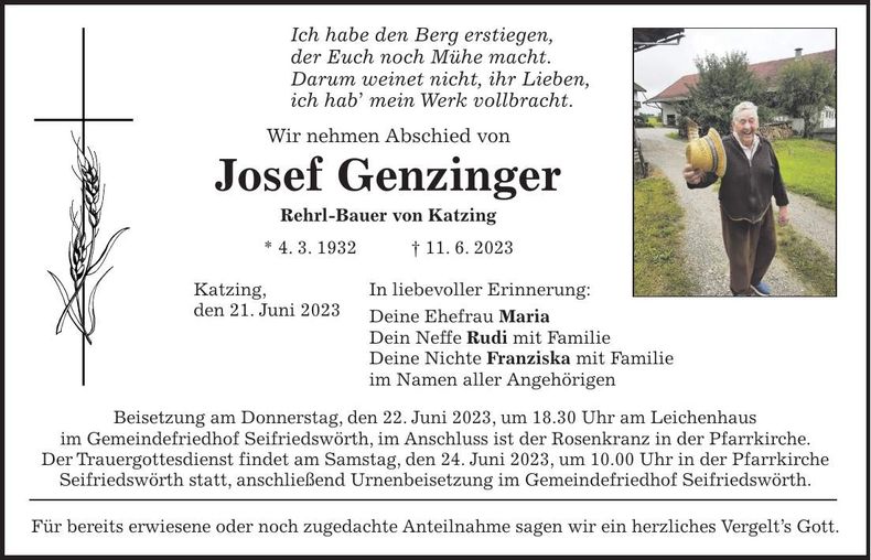 Traueranzeige Josef Genzinger