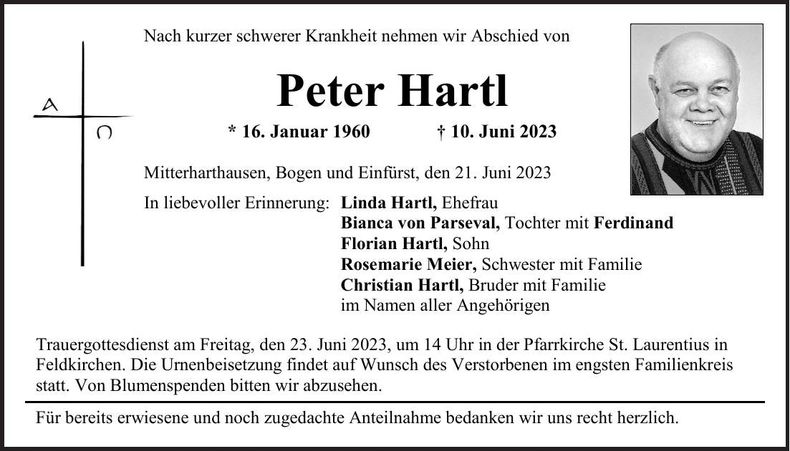 Traueranzeige Peter Hartl