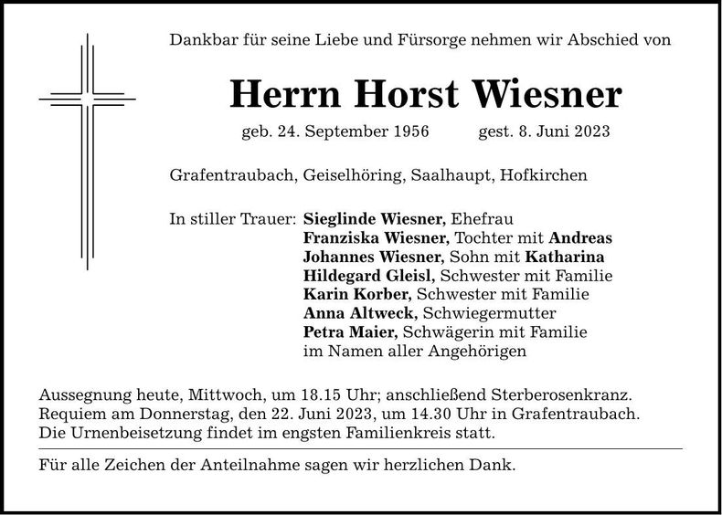 Traueranzeige Horst Wiesner