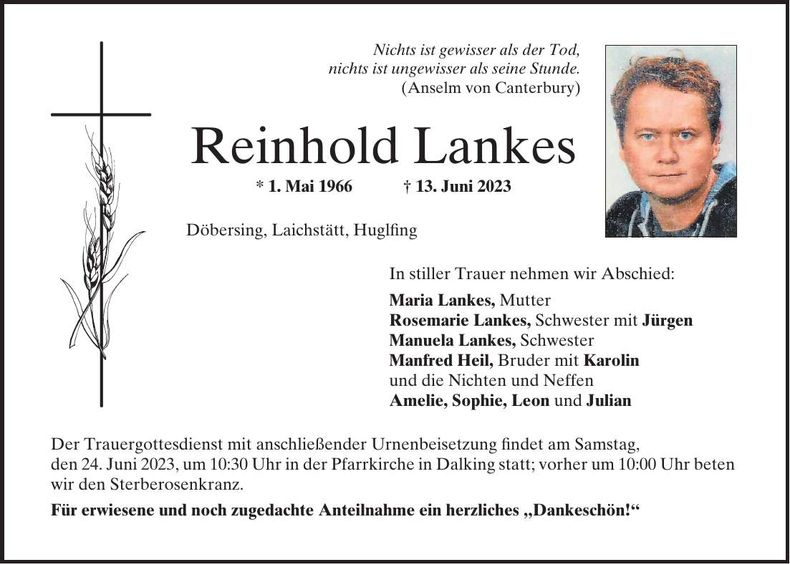 Traueranzeige Reinhold Lankes
