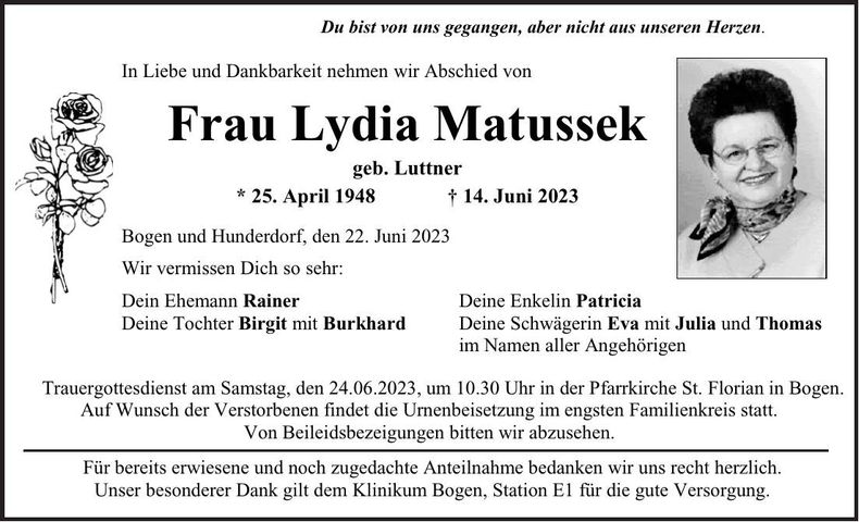 Traueranzeige Lydia Matussek