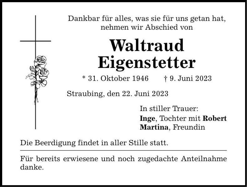 Traueranzeige Waltraud Eigenstetter