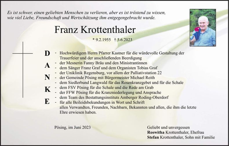 Traueranzeige Franz Krottenthaler