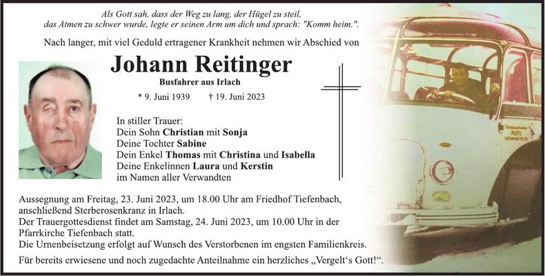 Traueranzeige Johann Reitinger