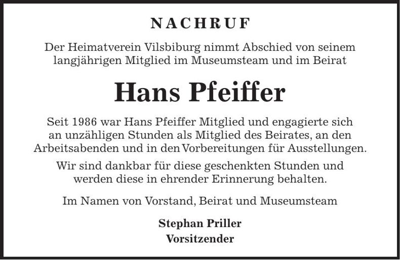 Traueranzeige Hans Pfeiffer