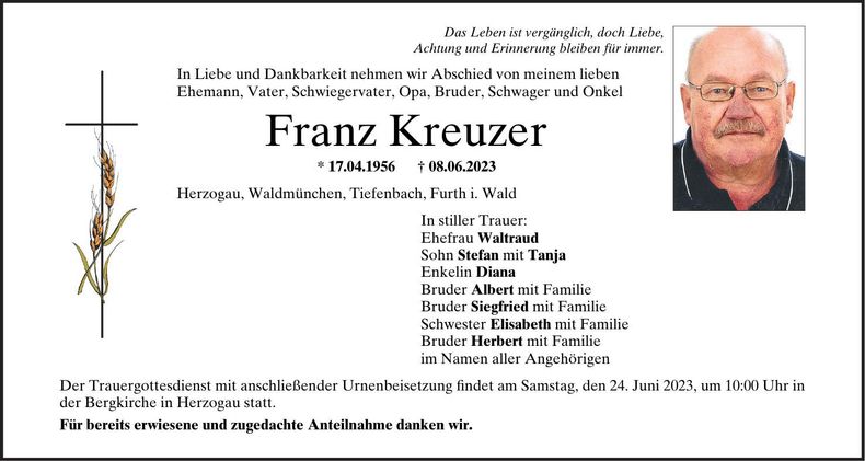 Traueranzeige Franz Kreuzer