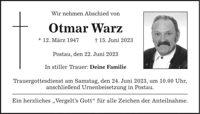 Traueranzeige Otmar Warz