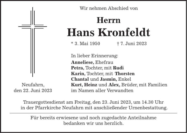Traueranzeige Hans Kronfeldt