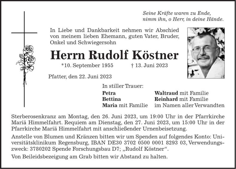 Traueranzeige Rudolf Köstner