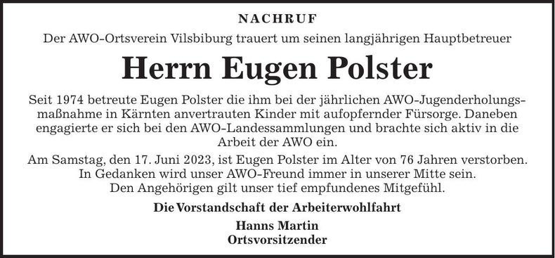 Traueranzeige Eugen Polster