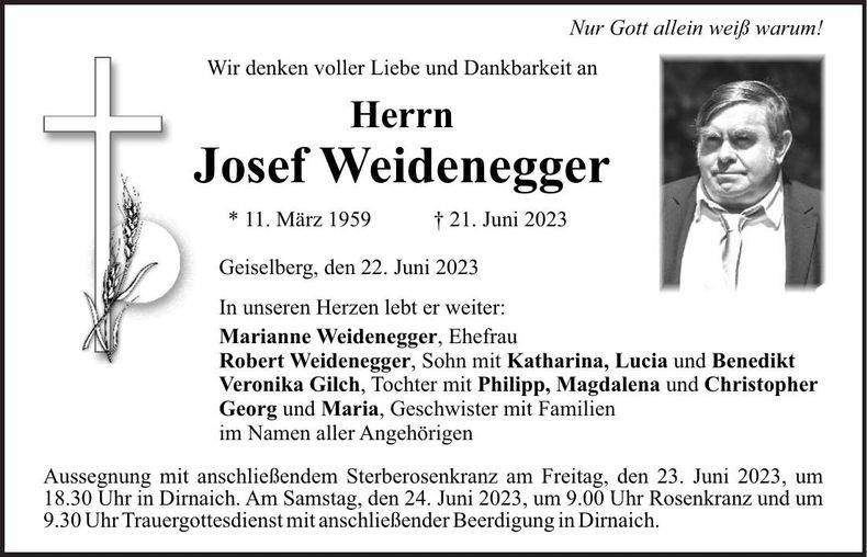 Traueranzeige Josef Weidenegger