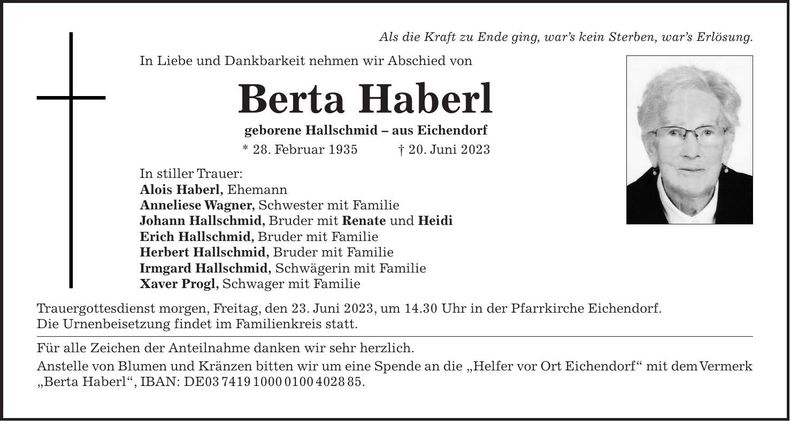 Traueranzeige Berta Haberl