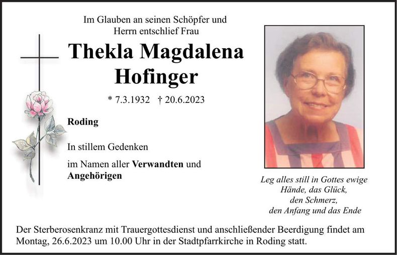 Traueranzeige Thekla Magdalena Hofinger