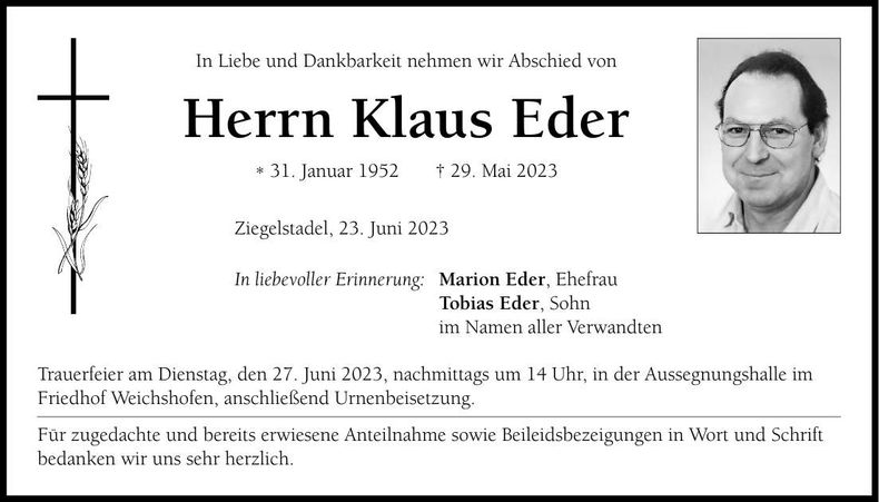 Traueranzeige Klaus Eder