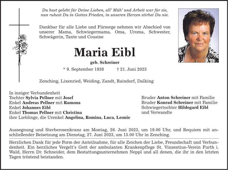 Traueranzeige Maria Eibl