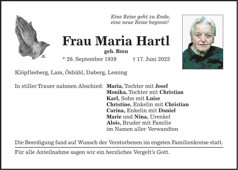 Traueranzeige Maria Hartl