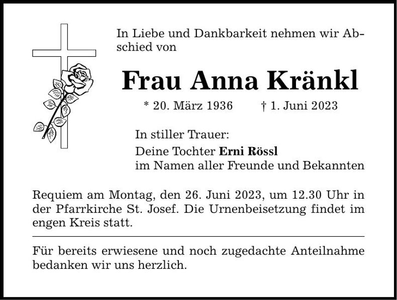Traueranzeige Anna Kränkl