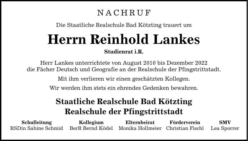 Traueranzeige Reinhold Lankes