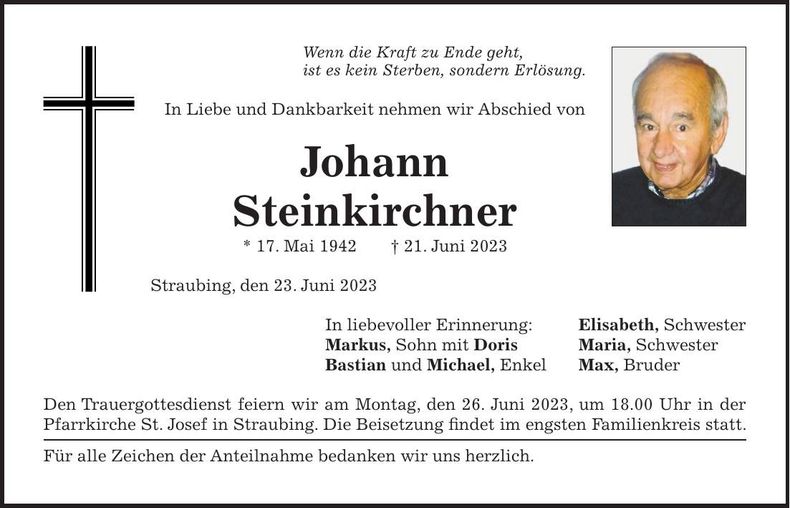 Traueranzeige Johann Steinkirchner