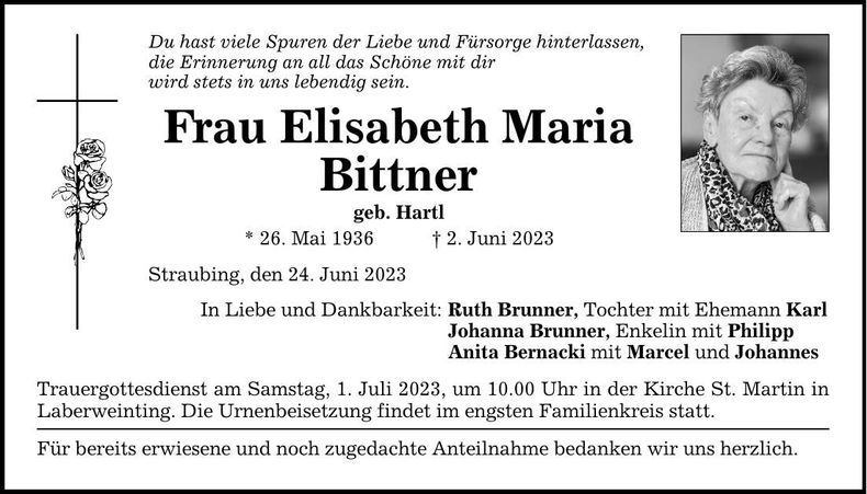 Traueranzeige Elisabeth Bittner