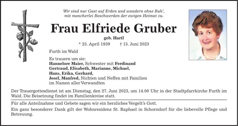 Traueranzeige Elfriede Gruber