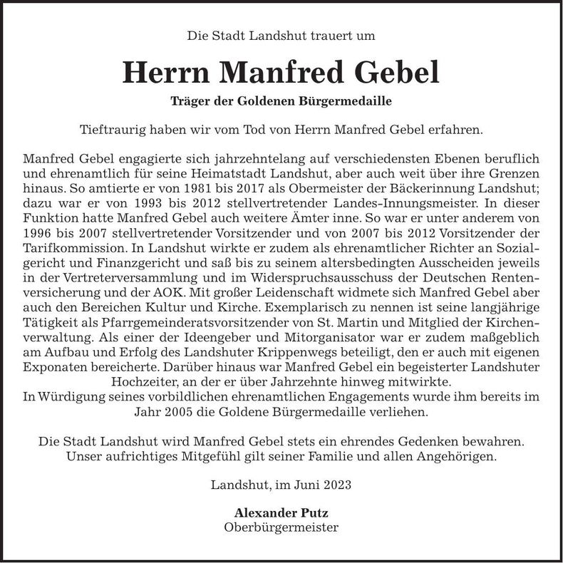 Traueranzeige Manfred Gebel