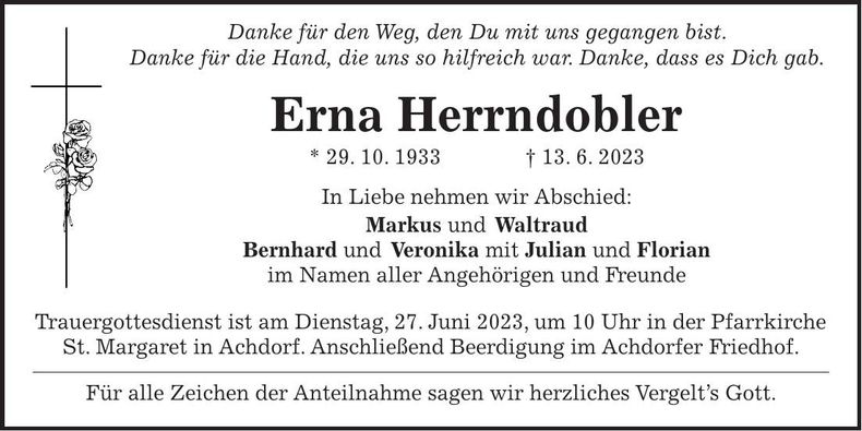Traueranzeige Erna Herrndobler