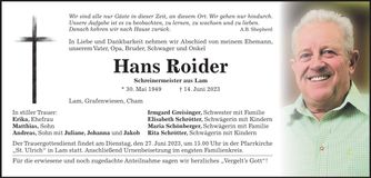 Traueranzeige Hans Roider