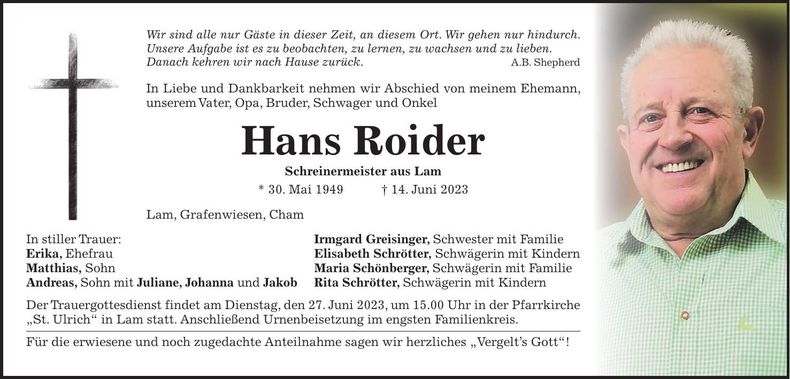 Traueranzeige Hans Roider