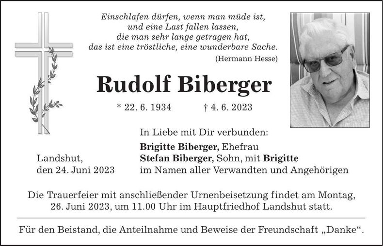 Traueranzeige Rudolf Biberger