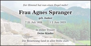 Traueranzeige Agnes Spranger