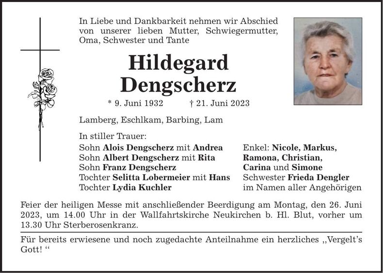 Traueranzeige Hildegard Dengscherz